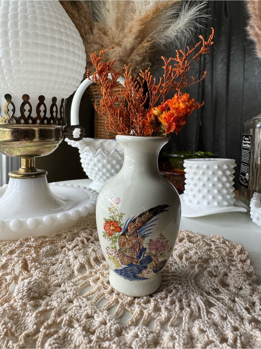 Vintage Ceramic Bird Bud Vase with Orange Floral Accents